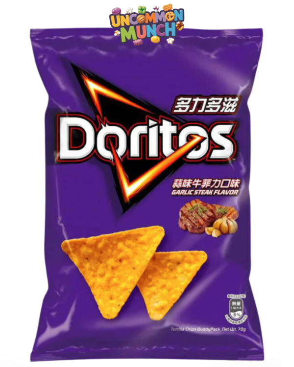 Introducing Doritos Garlic Steak – a bold and savory limited edition flavor straight from Taiwan, now available at Uncommon Munch. Prepare your taste buds for a rich fusion of tender, juicy steak infused with robust garlic seasoning, all packed into the crispy crunch of Doritos chips. This mouthwatering flavor combines the smoky, meaty essence of grilled steak with the bold kick of garlic, delivering a snack experience that’s both indulgent and satisfying. Crafted by Taiwan’s finest snack artisans, Doritos Garlic Steak offers a gourmet twist on the classic Doritos crunch. The deep, savory steak flavor is perfectly enhanced by the boldness of garlic, making each chip a flavorful bite that leaves you craving more. Whether you’re hosting a party, enjoying a game night, or simply looking for a snack that stands out, these limited edition chips are a must-try for foodies and adventurous snack lovers alike. Don’t miss out on this exclusive, limited edition flavor that brings the taste of a steakhouse to your snack bowl. Doritos Garlic Steak is a perfect combination of flavors that will elevate your snack game to new heights, only at Uncommon Munch.